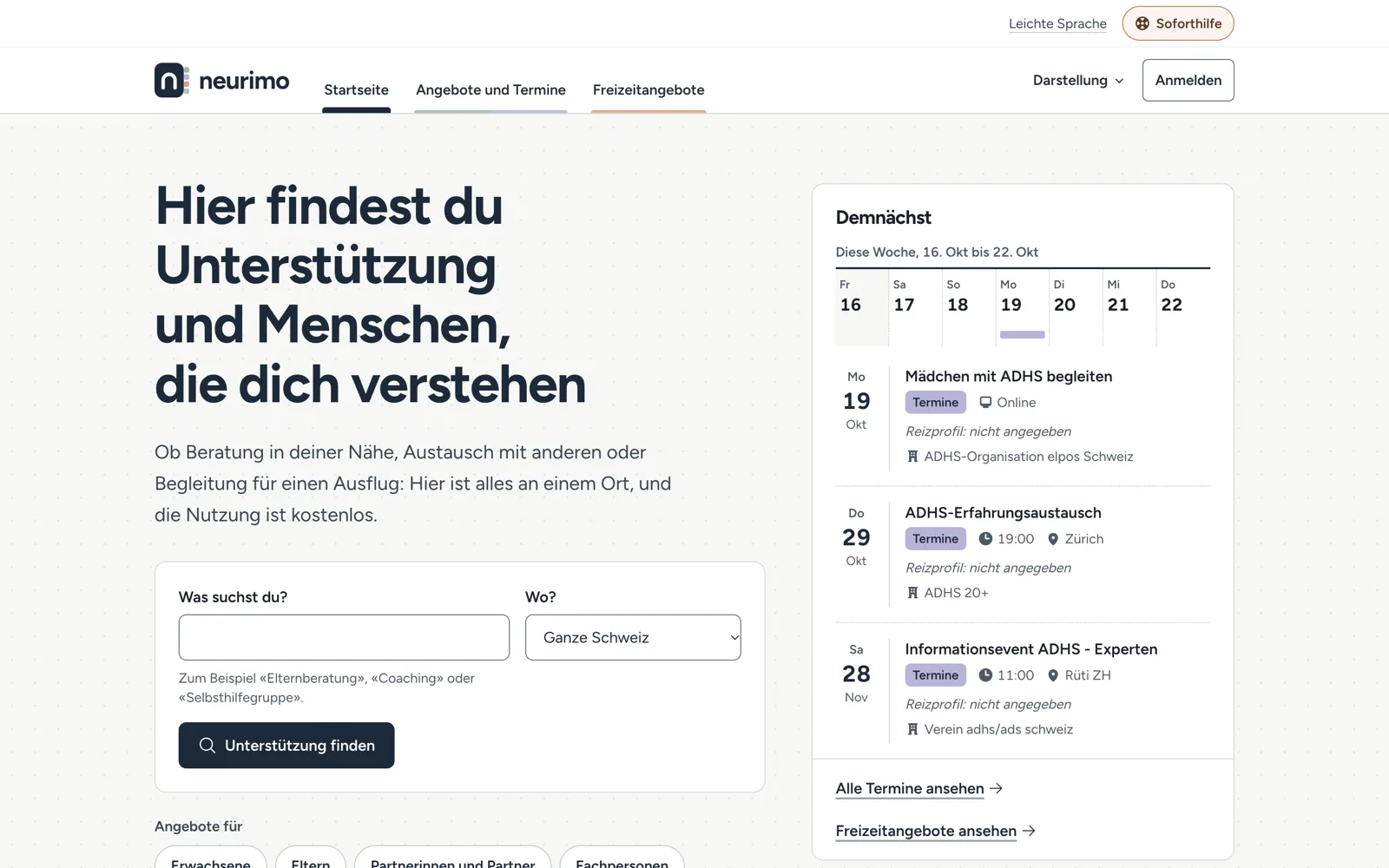 Startseite von neurimo.ch mit Suche nach Unterstützung bei ADHS und Autismus und einer Wochenübersicht der nächsten Termine.